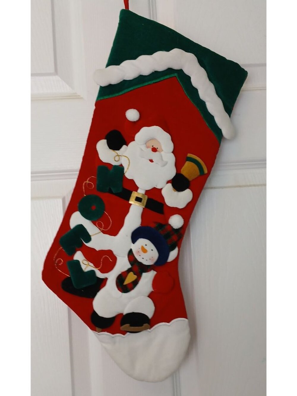 Santa & Snowman Christmas Stocking Noel Design 20" Applique Red Green White #D23